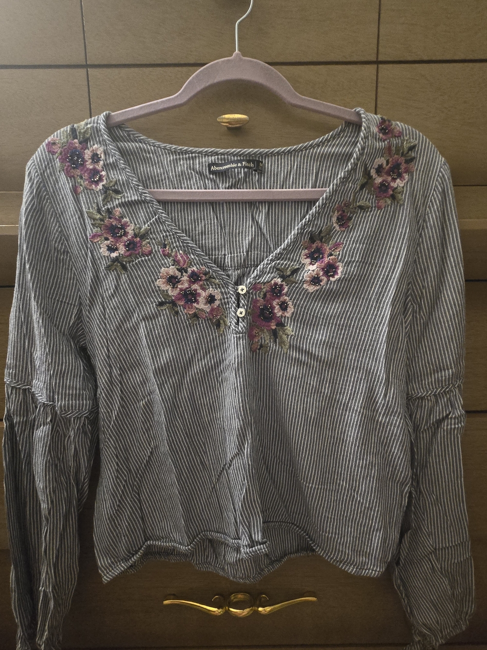 Abercrombie & Fitch Grey Striped Floral Embroidered V-Neck Top